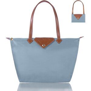 Waterproof Nylon Tote Bag Women Large Foldable Blue Shoulder Bag for Travel Use